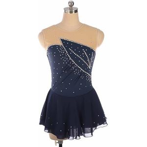 UPPJPBSW Meisjes Ijshockey Schaatsjurk Rekbare Mesh Diamant Haakmouwen Schaatswedstrijd Danskostuum Voor Vrouwen,Navy blue,XXL