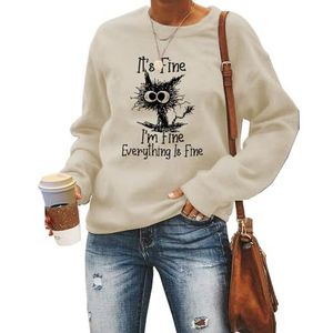 MLZHAN It's Fine I'm Fine Everything Is Fine Dames Sweatshirt Grappig Explosief Haar Kat Print Shirts Lange Mouw Truien Top, Beige, S