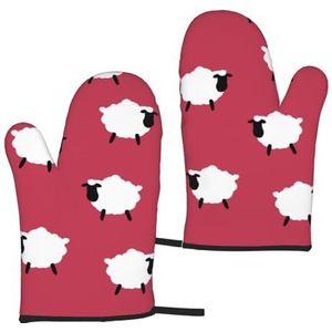 Leuke schapen cartoon wit schapen rood bedrukt, ovenwanten anti-slip kookhandschoenen,Hittebestendige bakwanten per paar