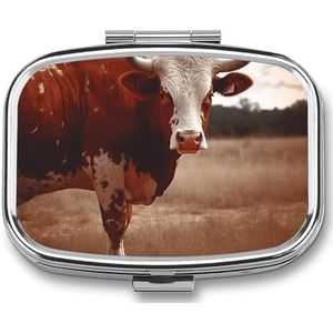 Texas Koe Pillenetui met 2 compartimenten, pillenorganizer, draagbare vierkante pillendoos, vitaminepillenorganizer voor zakportemonnee en reizen