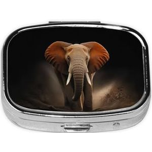 Stijlvolle vierkante pillendoos olifanten kunst metalen pillendoos 2 compartimenten geneeskunde pillenhouder draagbare pillenorganizer doseerdoos, kleine pillendoos voor reizen voor portemonnee en zak