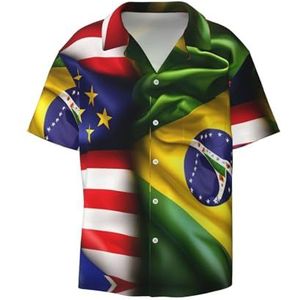 EdWal Amerikaanse en Braziliaanse vlaggen print heren korte mouw button down shirts casual losse pasvorm zomer strand shirts heren jurk shirts, Zwart, S