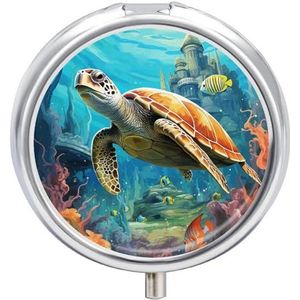 Dolfijnen zeeschildpad koraalrif ronde pillendoos draagbare metalen pillendoos 3 compartimenten kleine reispillenorganizer schattige vitamines houder organizer voor portemonnee zak