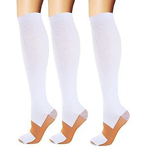 Koperen compressiekousen, steunkousen, reiskousen, kniekousen voor mannen en vrouwen, 3 paar, voor hardlopen, sport, geneeskunde, wit, EU 35-39