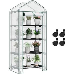 Woltu Kas met wielen, foliekas met 4 planken, 70 x 163 x 50 cm, semi-transparante tomatenkas met oproldeur, winterbescherming voor planten, voor balkon, terras, tuin, wit