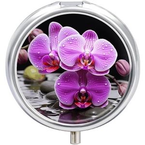 Paarse Orchidee Pillendoos Waterdichte Draagbare Geneeskunde Pil Case Vochtbestendige Metalen Reizen Pillendoos met 3 Compartimenten Geneeskunde Case