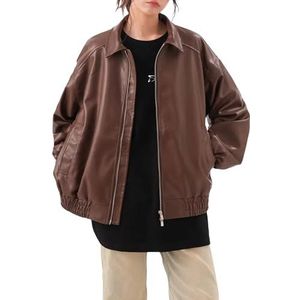 A&M Express Dames faux lederen oversized jas - bruin rijderjack met lange mouwen, Bruin, L