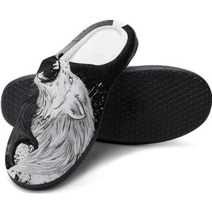 Nordic Persoonlijkheid Pantoffels voor Binnen Woonkamer, Antislip Rubberen Onderkant, Comfortabele Pluche Platte Schoenen, Traagschuim Warme Katoenen Pantoffels(Viking Wolves.,13-14(46-47))
