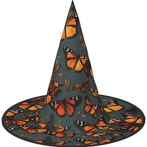 TyEdee Halloween heksenhoed tovenaar spookachtige pet mannen vrouwen, voor Halloween feest decor en carnaval hoeden -hopen oranje monarch vlinders
