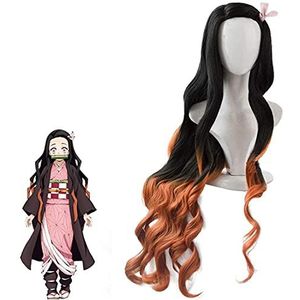 Kamado Nezuko Demon Slayer cosplay-pruik, Japans anime-karakter, rollenspelhaar, pruiken met accessoires, lange krullend zwart oranje kleurverloop, kinderpruik voor Halloween rekwisieten