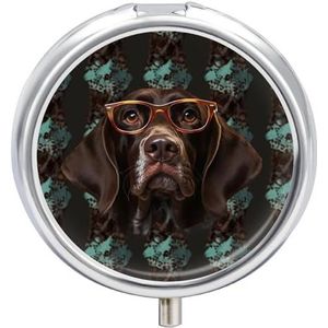 Duitse kortharige wijzer in glazen medicijnpillenetui, ronde pillendoos met 3 compartimenten, draagbare decoratieve medicijnorganizer voor zak of portemonnee, vitamine-organiseren