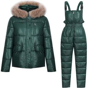 UPPJPBSW Dames nepbont gewatteerde 2-delige skibroek en jas, warme snow suit, verdikte pufferjas parka met capuchon,Groen,L