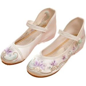 Chinese Etnische Stijl Prachtige Bloem Geborduurde Schoenen Retro Klassieke Comfort Enkelband Schoenen Cheongsam Walk Show Yoga Balletschoenen Voor Dames(Color:White,Size:35 EU)