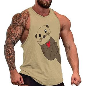 Sea Otter Heart Tanktop voor heren, grafische mouwloze bodybuilding T-shirts, casual strand, T-shirt, grappig, sportschool, spier