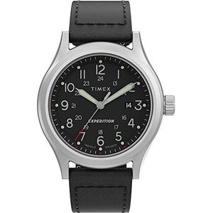 Timex 41 mm Expedition® lederen band horloge, Zwart/Zilver-Toon/Zwart, Eén maat, 41 mm Expedition® lederen band horloge