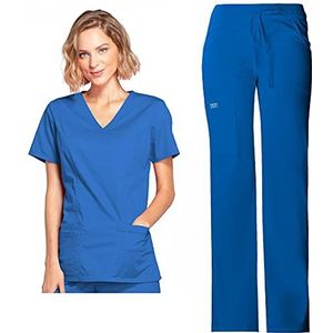 Dames Scrubs Set Werkkleding Core Stretch 4728 Mock Wrap Top & 24001P Trekkoord Cargo Broek, Royal- XXS Top/XS Petite Pant