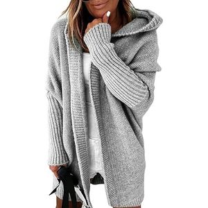 Grofgebreid Vest Met Lange Mouwen For Dames, Maten Gebreide Jas, Herfstwinter, Truien, Jassen For Tienermeisjes, Lang Vest, Capuchon(Grey,XL)