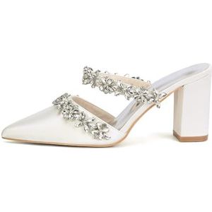 KYEGLO Dames Sandalen Met Spitse Neus En Strass Steentjes, Gesloten Neus, Satijnen Dikke Hak - Sexy Stijl, Perfect Voor Bruiloften En Bruidsfeesten,ivoor,36