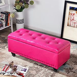 poefs en poefs， Opbergbank, PU-lederen bedbank - Moderne multifunctionele voetenbank, for slaapkamer, woonkamer(Rose Red,60x40x45cm(24x16x18inch))