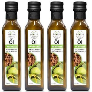 Health Seed® 4 x 500 ml/2 liter - ongefilterde walnootolie - 100% zuiver koudgeperste glazen fles - vers van de fabrikant