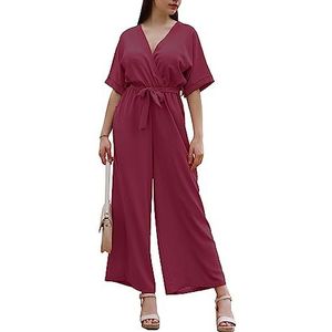 Laphilo cod.7213 Jumpsuit voor dames, lange V-hals, wijde pijpen, casual, elegant, zomer riem, bordeaux, XL