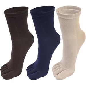 LIZHAYG 3 paar teensokken voor heren, ademend, sportief, lang, vijf teensokken, solide, casual, middenbuis, katoen, koffiebruin, donkerblauw en beige