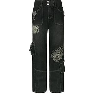 Streetwear Cargo Broek Grunge Baggy Jeans Vrouw Lage Taille Casual Losse Wijde Pijpen Broek Vintage Denim Broek,zwart,M