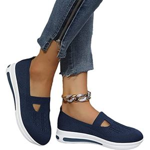Orthopedische Schoenen for Dames Klassieke Slip-on Sneaker Zomer Ademend Gebreide Mesh Wandelschoenen Lichtgewicht Comfortabele Soft Sole Sneakers (Color : Blue, Size : 38 EU)