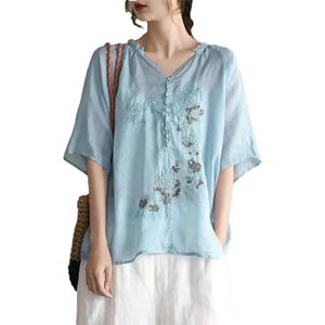 Dvbfufv Elegante V-hals knoop ruches borduurwerk blouses dames lente casual losse pullover shirt, Blauw, L