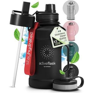 Drinkfles RVS ACTIVE FLASK + Strohalm (3 Drinkdoppen) BPA-Vrij + Lekvrij | Grote XL 1,3 Liter Waterfles Sport Outdoor Camping Fitness Fietsen Water Fles Waterbidon Sportbidon 1L
