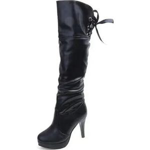 ZIRIA schoenen hoge hakken dikke hakken mid-high back lace ridder laarzen winter sexy zwart wit kniehoge laarzen, Zwart, 39 EU