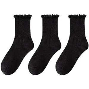 YIJIANUO 1/3/5 Paar Katoen Ruches Enkelsokken Vrouwen Lolita Leuke Kawaii Koreaanse Kous Meisje Lente Zwart Wit Midden Buis Japanse Sox, 3 paar - zwart, Eén maat