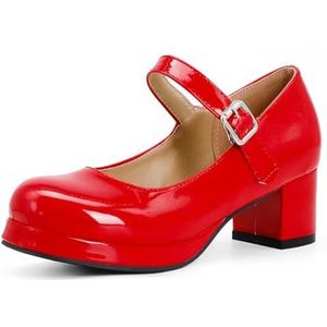 Elegante halfhoge hakken Lolita schoenen vrouwen riemen Mary Janes schoenen meisjes mode rood geel hakken pumps party dansschoenen damesschoenen, rood, 39 EU