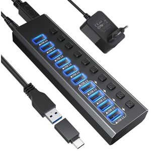 USB 3.0 hub, aluminium, 10 poorten, USB 3.0 data-hub met 12 V/4 A (48 W) voedingsadapter en individuele aan/uit-schakelaars en LED