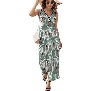 Mopshond en tropische bladeren dames lange jurk mouwloze maxi-jurk zonnejurk strand feestjurken avondjurken L