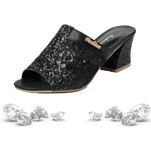 Siersandalen met glitterpailletten, glittersandalen voor dames, lage hak, elegante fonkelende sandalen, bling-schoenen, Zwart, 39 EU
