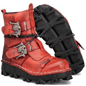 Waterdichte Leren Heren Motorlaarzen, Dikke Zolen Gesp Rijlaarzen, Gotische Doodskop Punker Middenkalf Cowboylaarzen (Color : Red Leather A, Size : 40 EU)