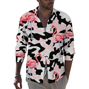 Roze Camo Flamingo Heren Button Down Lange Mouw Casual Strand Tops Met Pocket Regular Fit