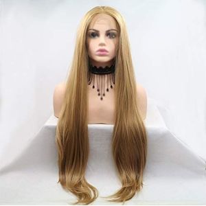 Dkee Pruiken Golden Long steil haar pruik Dames Handmade Lace Europese en Amerikaanse Wig Set In The Wig Haar Sets