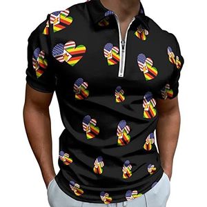 Zimbabwe Amerikaanse Hart Vlag Half Zip-up Polo Shirts Voor Mannen Slim Fit Korte Mouw T-shirt Sneldrogende Golf Tops Tees 2XL
