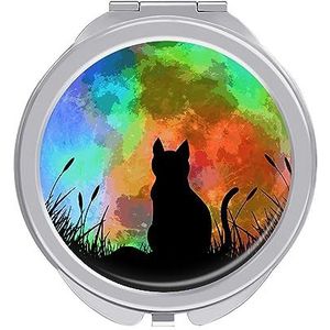 Kat met kleurrijke volle maan compacte spiegel ronde zak make-up spiegel dubbelzijdige vergroting opvouwbare draagbare handspiegel