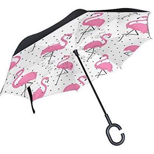 Jeansame Paraplu Omgekeerde Paraplu Polka Dots Roze Flamingo Tropische Vogels Dubbellaags Zon Regen Winddicht Paraplu met C-vormige Handvat voor Auto Gebruik Mannen Vrouwen