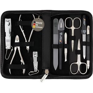 DREI SCHWERTER - Germany 11-delig 'Spezia' | manicureset nagelset etui in echt leer zwart | inhoud: huidschaar, nagelschaar, nageltang, nagelknipper, huidtang, pincet, glasnagelvijl enz
