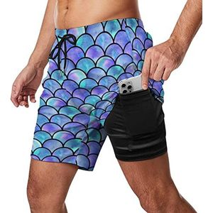 Rainbow Scales of Mermaid Zwembroek voor heren, sneldrogend, 2-in-1 strandsportshorts met compressieliner en zak