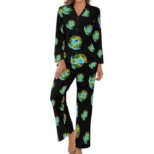 Coat Arms of Brazil, Womens Pyjama Sets Gedrukt Lange Mouw Button Down Nachtkleding Zachte Loungewear Pjs M