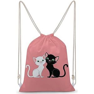 Zwart En Wit Katten Trekkoord Rugzak String Bag Sackpack Canvas Sport Dagrugzak voor Reizen Gym Winkelen