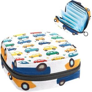 Opbergtas voor maandverband, kleurrijke cartoon auto's, draagbare maandverband, inlegkruisjes, tampons, maandverband, opberghouder voor vrouwen, school, kantoor