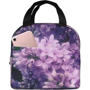 Bloeiende paarse bloemenprint lunchtas geïsoleerde lunchbox tas herbruikbare draagtas voor vrouwen mannen werk kantoor reizen