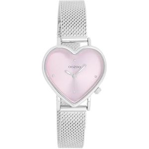 Oozoo Timepieces dameshorloge | polshorloge dames met roestvrijstalen armband | modern horloge voor vrouwen | elegant analoog dameshorloge in hartvorm, zilver/roze