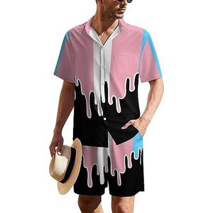 Trans Pride Color Melting Flag LGBT Hawaïaans pak voor heren, 2-delige strandoutfit, shirt en korte broek, bijpassende set